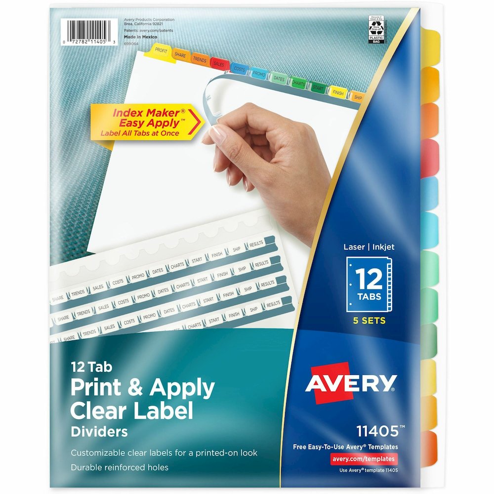 Avery&reg; Index Maker Index Divider - 60 x Divider(s) - 12 Tab(s) - 12 - 12 Tab(s)/Set - 8.5" Divider Width x 11" Divider Length - 3 Hole Punched - White Paper Divider - Multicolor Paper Tab(s) - 20%. Picture 1