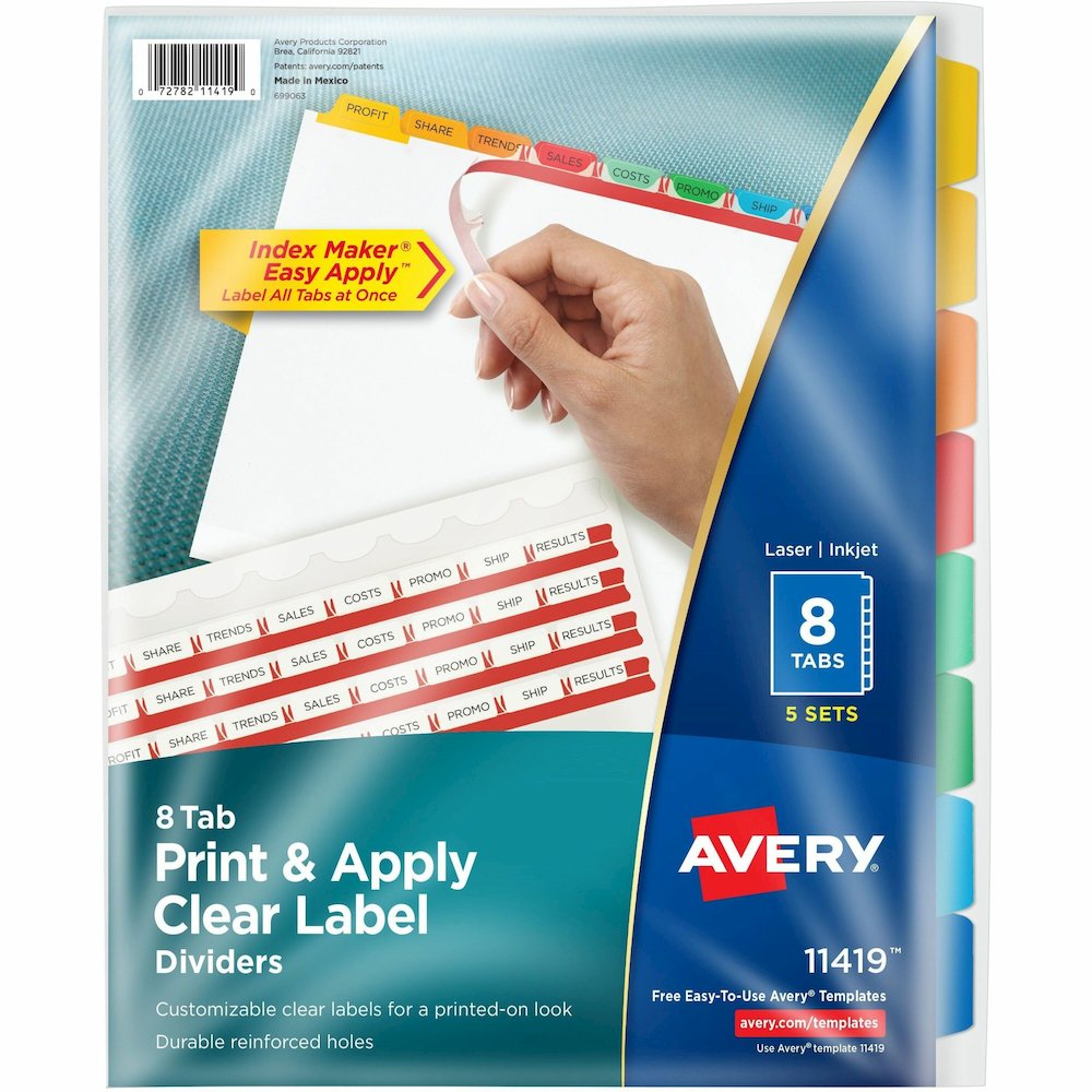 Avery&reg; Index Maker Index Divider - 40 x Divider(s) - 8 Tab(s) - 8 - 8 Tab(s)/Set - 8.5" Divider Width x 11" Divider Length - 3 Hole Punched - White Paper Divider - Multicolor Paper Tab(s) - Custom. Picture 1