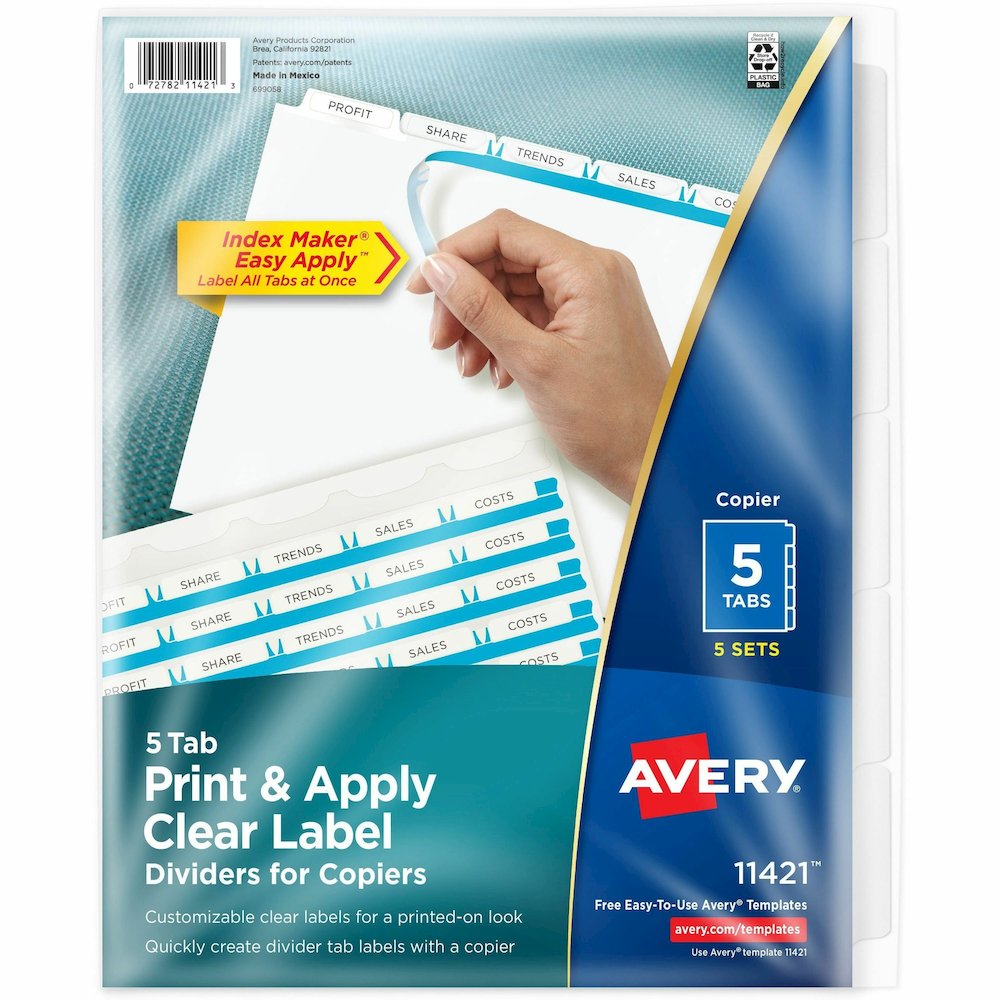 Avery&reg; Print & Apply Clear Label Dividers - Index Maker Easy Peel Printable Labels - 5 x Divider(s) - Blank Tab(s) - 5 Tab(s)/Set - 8.5" Divider Width x 11" Divider Length - Letter - White Divider. Picture 1