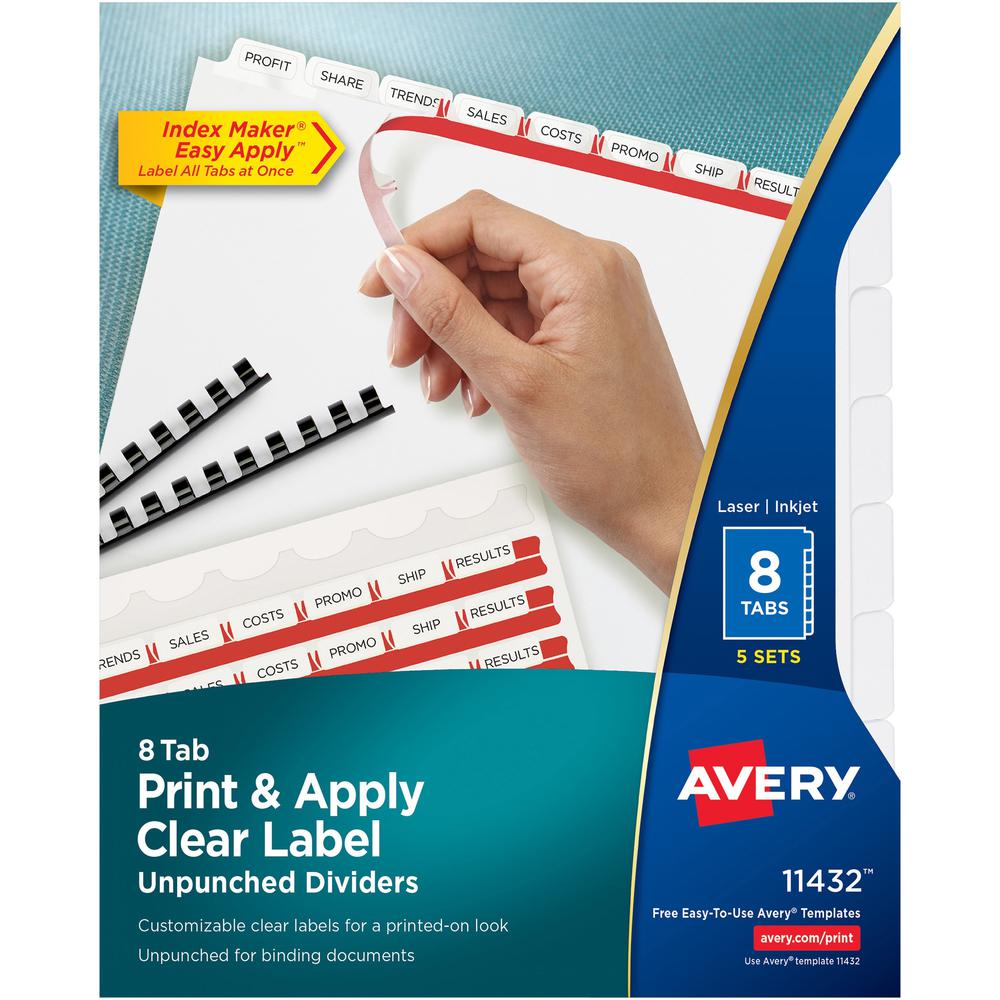 Avery&reg; Print & Apply Label Unpunched Dividers - Index Maker Easy Apply Label Strip - 40 x Divider(s) - 8 Blank Tab(s) - 8 Tab(s)/Set - 8.5" Divider Width x 11" Divider Length - Letter - White Pape. Picture 1