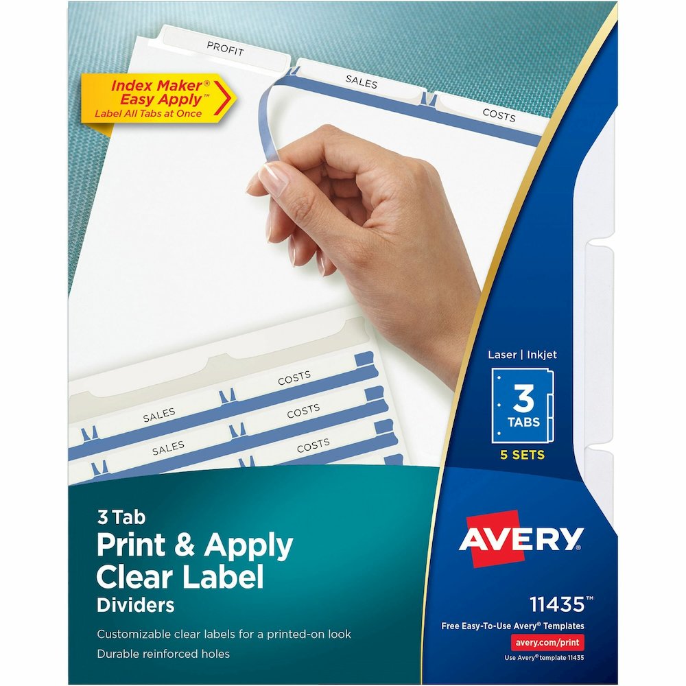 Avery&reg; Print & Apply Clear Label Dividers - Index Maker Easy Apply Label Strip - 15 x Divider(s) - 3 Blank Tab(s) - 3 Tab(s)/Set - 8.5" Divider Width x 11" Divider Length - Letter - 3 Hole Punched. Picture 1