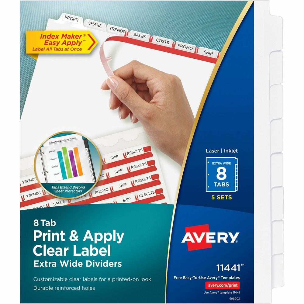 Avery&reg; Index Maker Index Divider - 40 x Divider(s) - 8 Print-on Tab(s) - 8 - 8 Tab(s)/Set - 9.3" Divider Width x 11.25" Divider Length - 3 Hole Punched - White Paper Divider - White Paper Tab(s) -. Picture 1