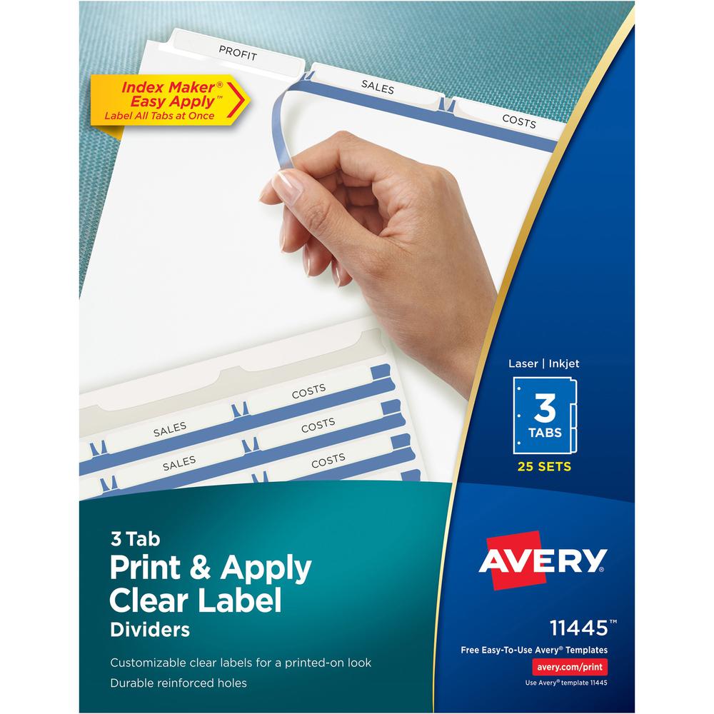 Avery&reg; Print & Apply Clear Label Dividers - Index Maker Easy Apply Label Strip - 75 x Divider(s) - 3 Blank Tab(s) - 3 Tab(s)/Set - 8.5" Divider Width x 11" Divider Length - Letter - 3 Hole Punched. Picture 1