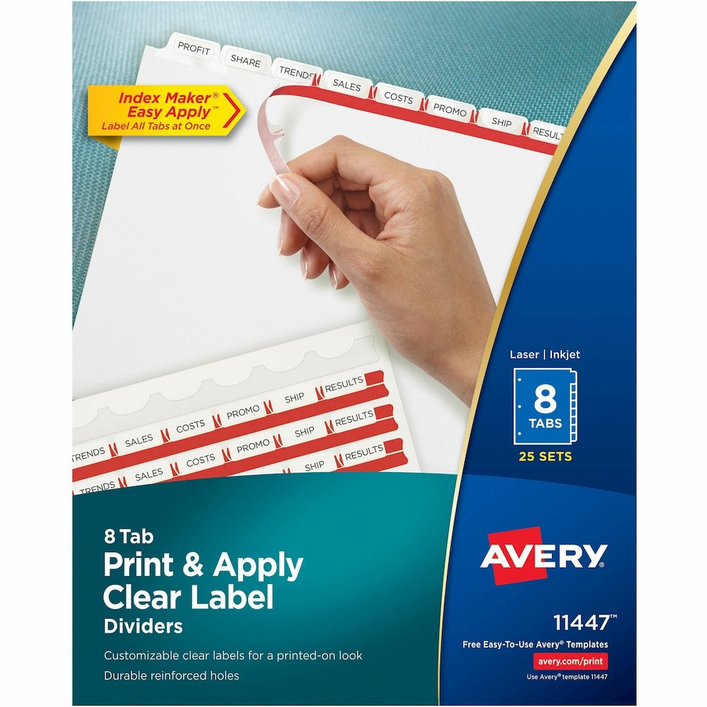 Avery&reg; Print & Apply Clear Label Dividers - Index Maker Easy Apply Label Strip - 200 x Divider(s) - 8 Blank Tab(s) - 8 Tab(s)/Set - 8.5" Divider Width x 11" Divider Length - Letter - 3 Hole Punche. Picture 1