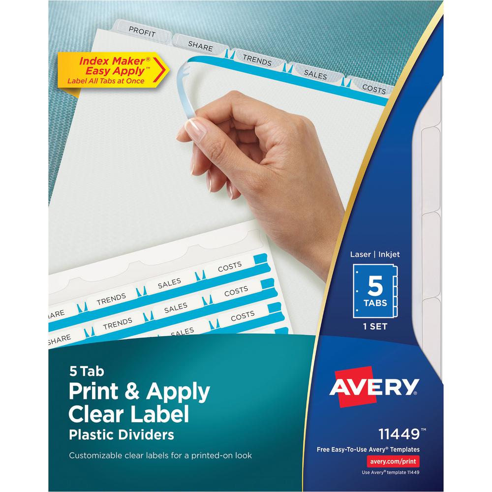 Avery&reg; Index Maker Clear Label Dividers - 5 x Divider(s) - 5 - 5 Tab(s)/Set - 8.5" Divider Width x 11" Divider Length - 3 Hole Punched - Clear Plastic Divider - Frosted Clear Plastic Tab(s) - Dura. Picture 1