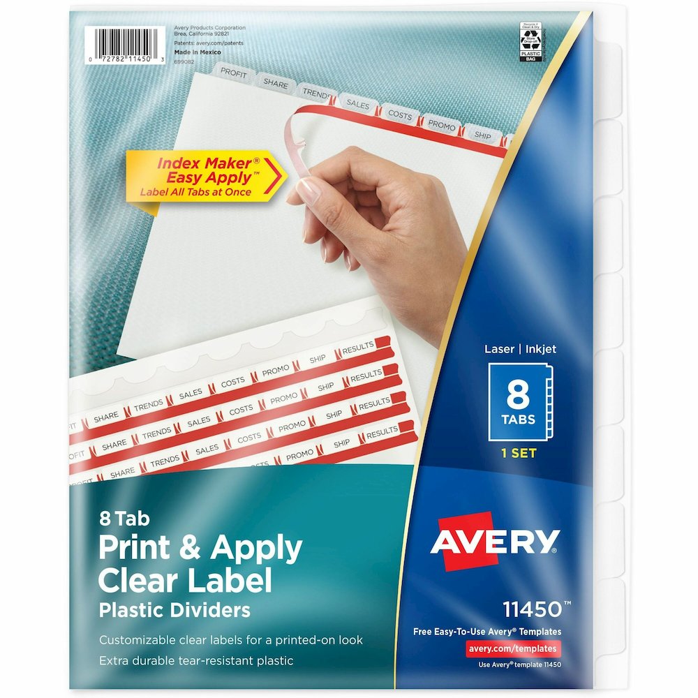Avery&reg; Index Maker Index Divider - 8 x Divider(s) - Print-on Tab(s) - 8 - 8 Tab(s)/Set - 8.5" Divider Width x 11" Divider Length - 3 Hole Punched - Translucent Plastic Divider - Frosted Clear Plas. Picture 1