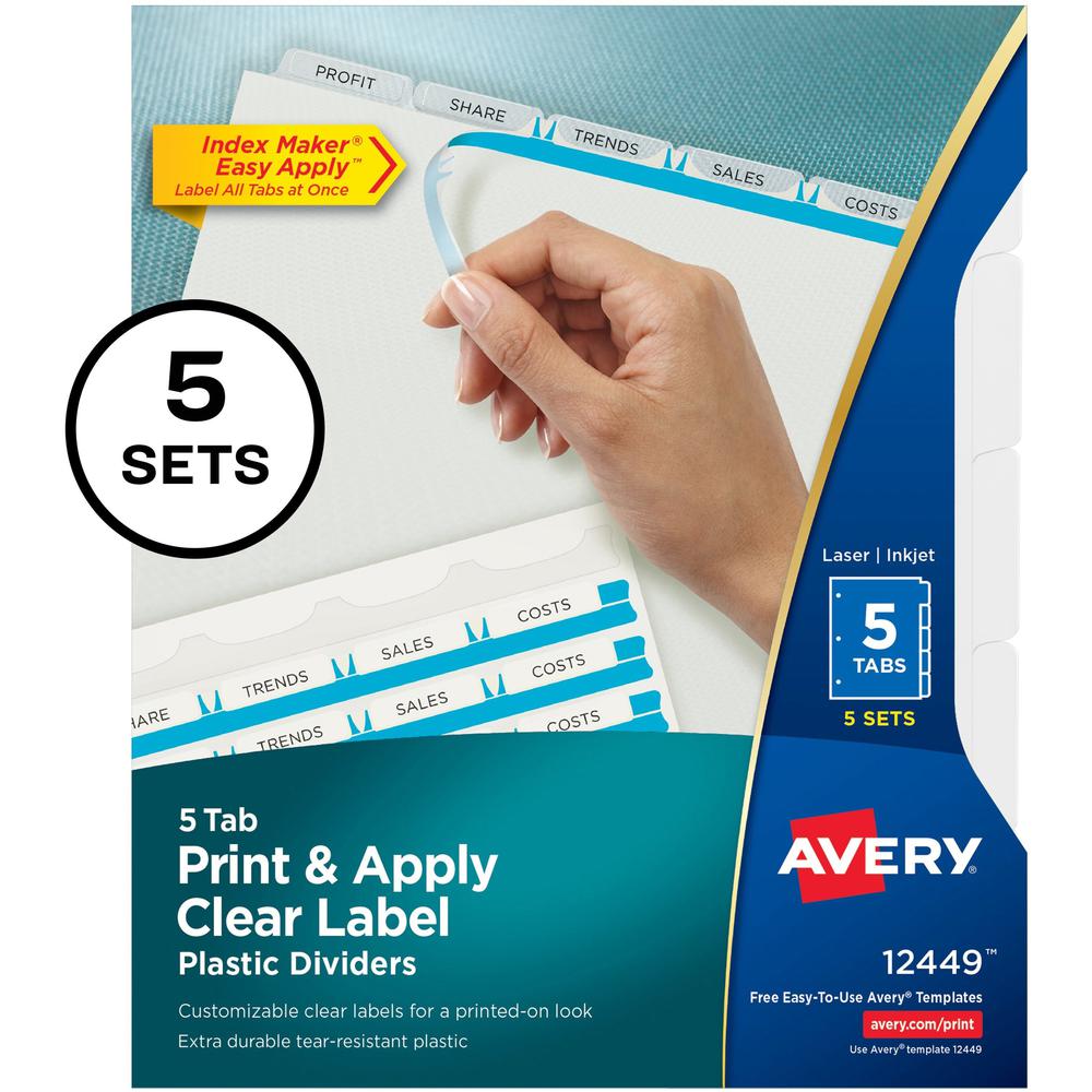 Avery&reg; Index Maker Index Divider - 25 x Divider(s) - Print-on Tab(s) - 5 - 5 Tab(s)/Set - 8.5" Divider Width x 11" Divider Length - 3 Hole Punched - Translucent Plastic Divider - Frosted Clear Pla. Picture 1