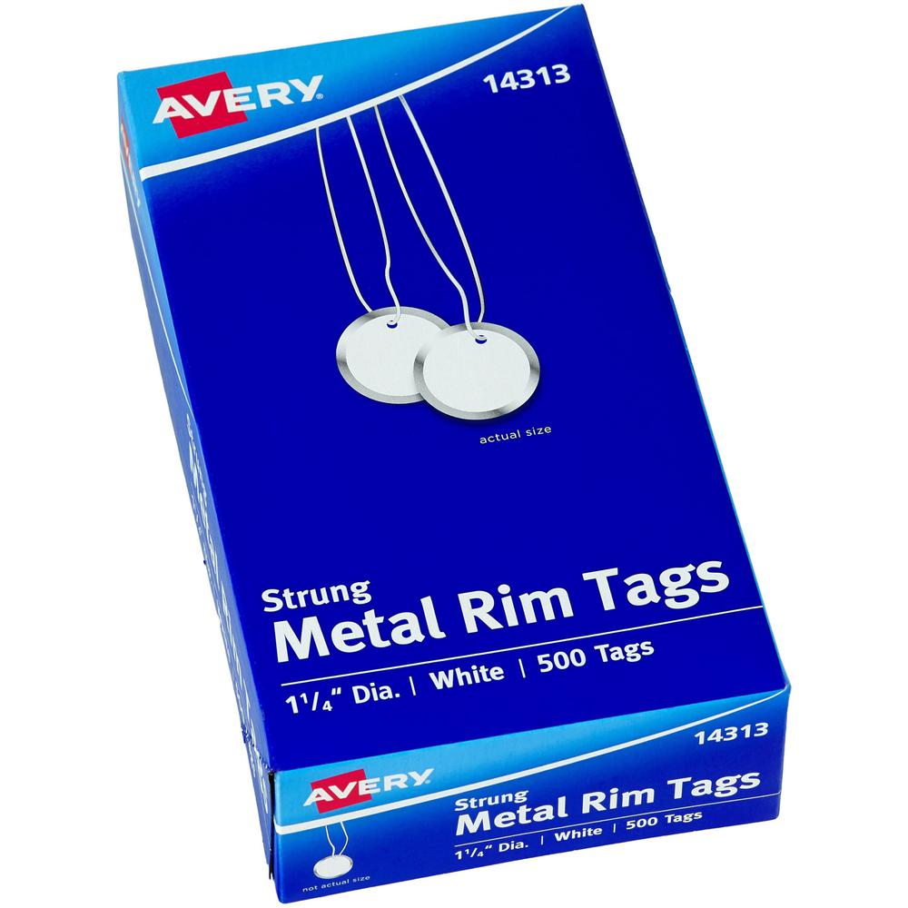 Avery&reg; Metal Rim Key Tags - 1.25" Diameter - Round - String Fastener - 500 / Box - Metal - White. Picture 1