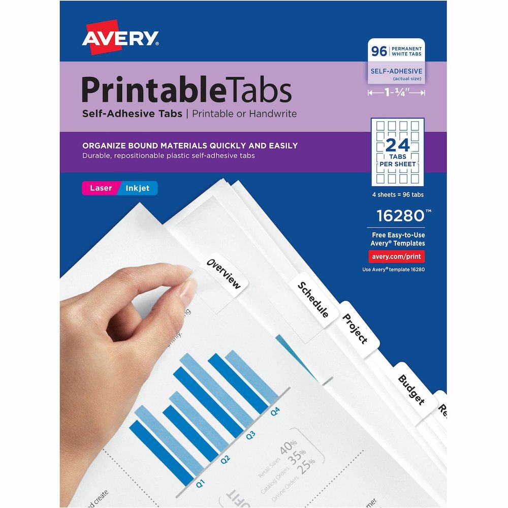 Avery&reg; Printable Repositionable Tabs - 96 Tab(s) - 1.25" Tab Width - Permanent - Paper Divider - White Paper Tab(s) - Permanent Adhesive, Printable, Repositionable, Durable, Customizable, Double-s. Picture 1