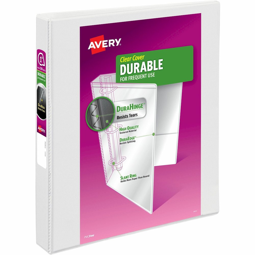Avery&reg; Durable View 3 Ring Binder - 1" Binder Capacity - Letter - 8 1/2" x 11" Sheet Size - 220 Sheet Capacity - 250 Ring - Fastener: Slant Ring - Pocket: 2, Internal - Polypropylene - White - Rec. Picture 1