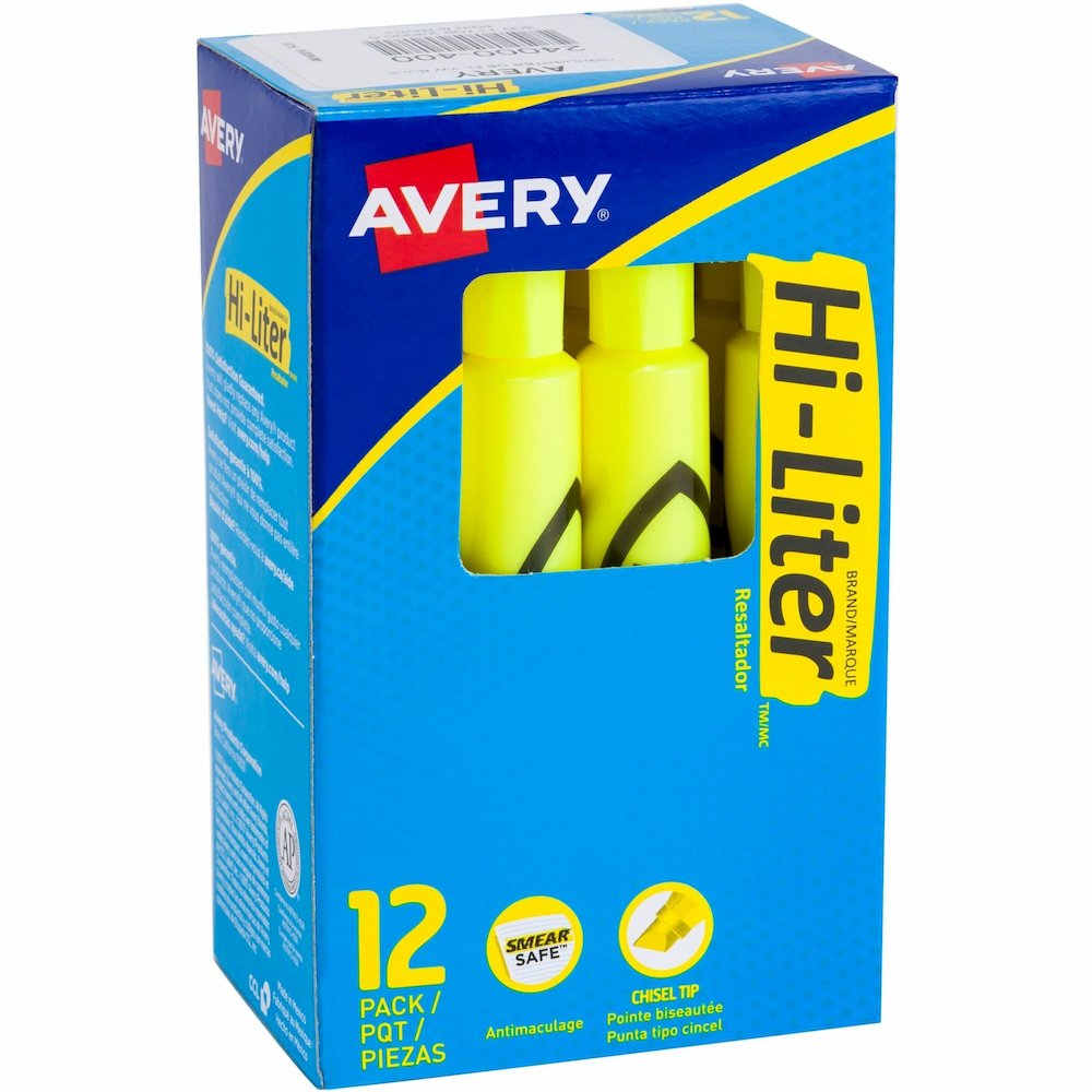 Avery&reg; Hi-Liter, Desk-Style, Fluorescent Yellow, 12 Count (24000) - Washable - Fluorescent Yellow Ink - Water Based - Yellow Barrel - Classroom, School, Office, Home, Planner - 12 Dozen. Picture 1