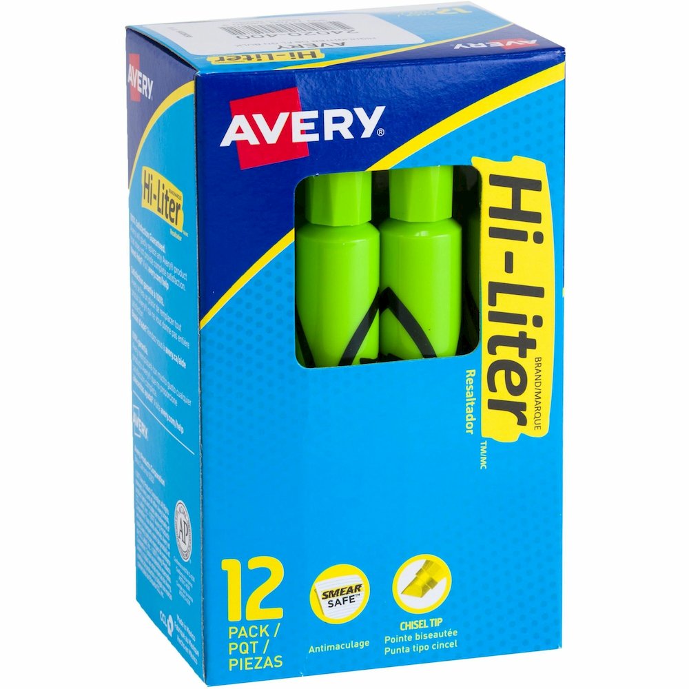 Avery&reg; Hi-Liter, Desk-Style, Fluorescent Green, 12 Count (24020) - Refillable - Washable - Fluorescent Green Ink - Water Based - Green Barrel - Classroom, School, Home, Office, Planner - 12. Picture 1