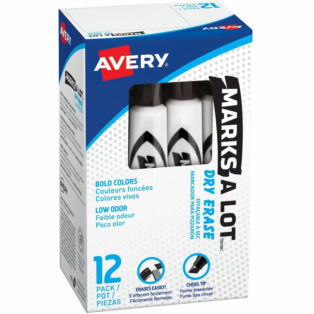Avery&reg; Marks A Lot Dry Erase Marker, 12 Black Markers (24408) - Erasable - Black Ink - Dry - Home, Classroom, School, Document, Writing, Office - 12. Picture 1