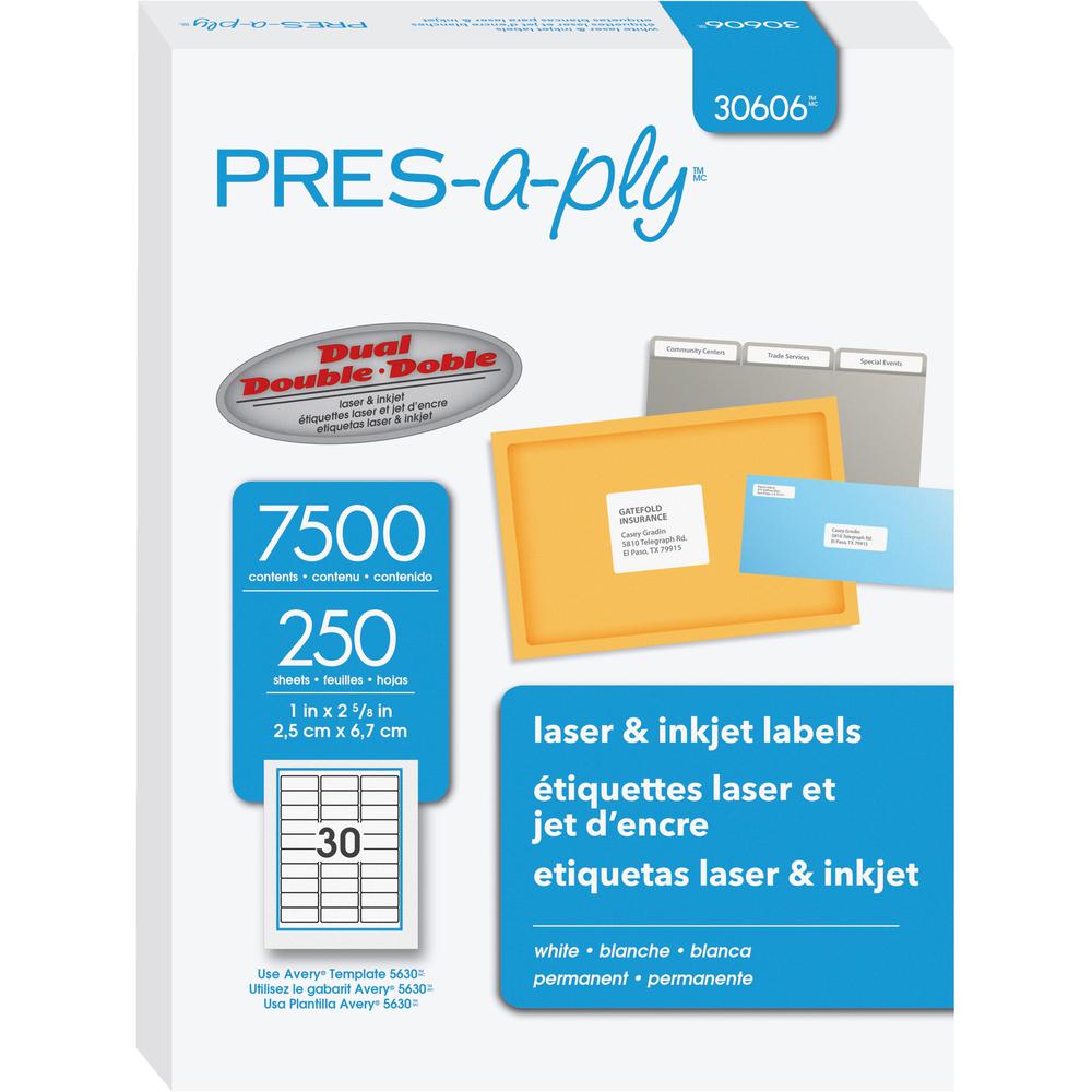 PRES-a-ply Labels - 1" Width x 2 5/8" Length - Permanent Adhesive - Rectangle - Laser, Inkjet - White - Paper - 30 / Sheet - 250 Total Sheets - 7500 Total Label(s) - 7500 / Box. Picture 1
