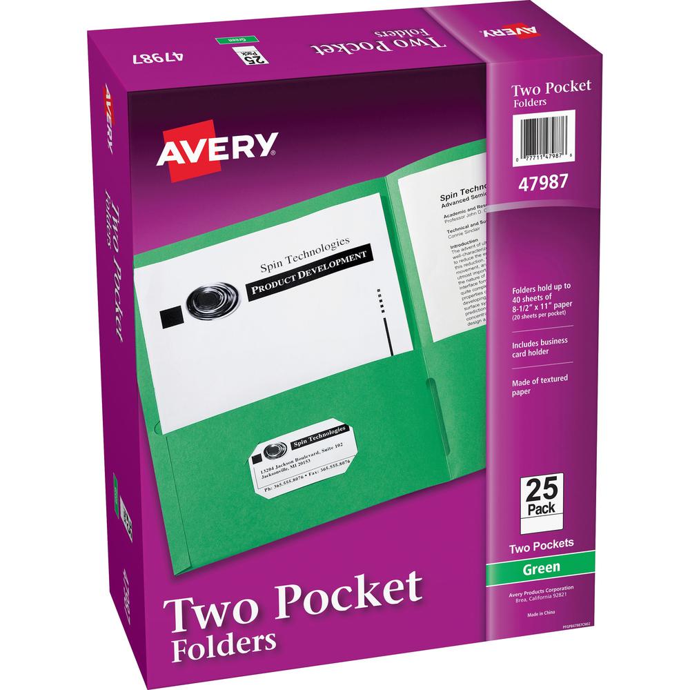 Avery&reg; Letter Pocket Folder - 8 1/2" x 11" - 40 Sheet Capacity - 2 Internal Pocket(s) - Embossed Paper - Green - 25 / Box. Picture 1