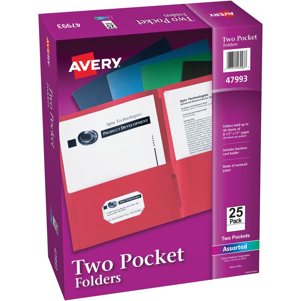 Avery&reg; Letter Pocket Folder - 8 1/2" x 11" - 40 Sheet Capacity - 2 Internal Pocket(s) - Embossed Paper - Assorted - 25 / Box. Picture 1