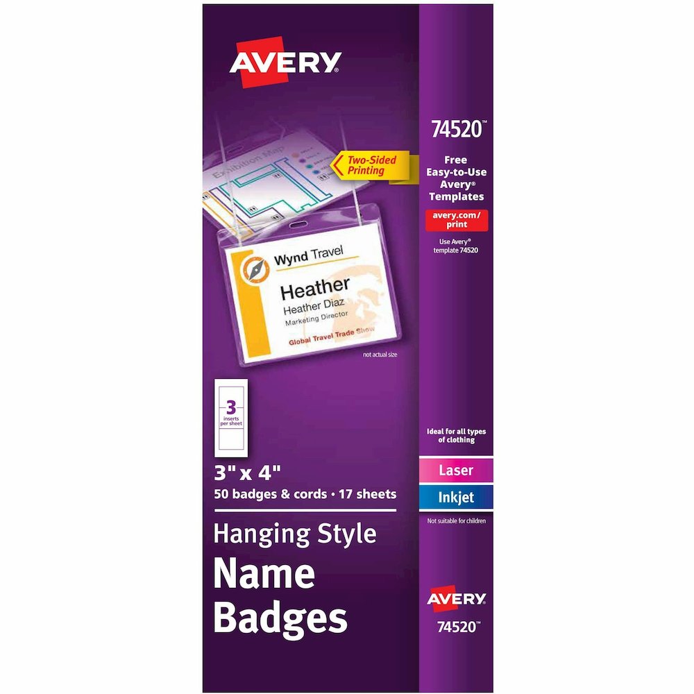 Avery&reg; Name Badges with Cords, 3" x 4" , 50 Total (74520) - 8 1/2" x 11" - Durable, Micro Perforated, Printable, PVC-free, Double-sided, Smudge-free - White - 50 / Box. Picture 1