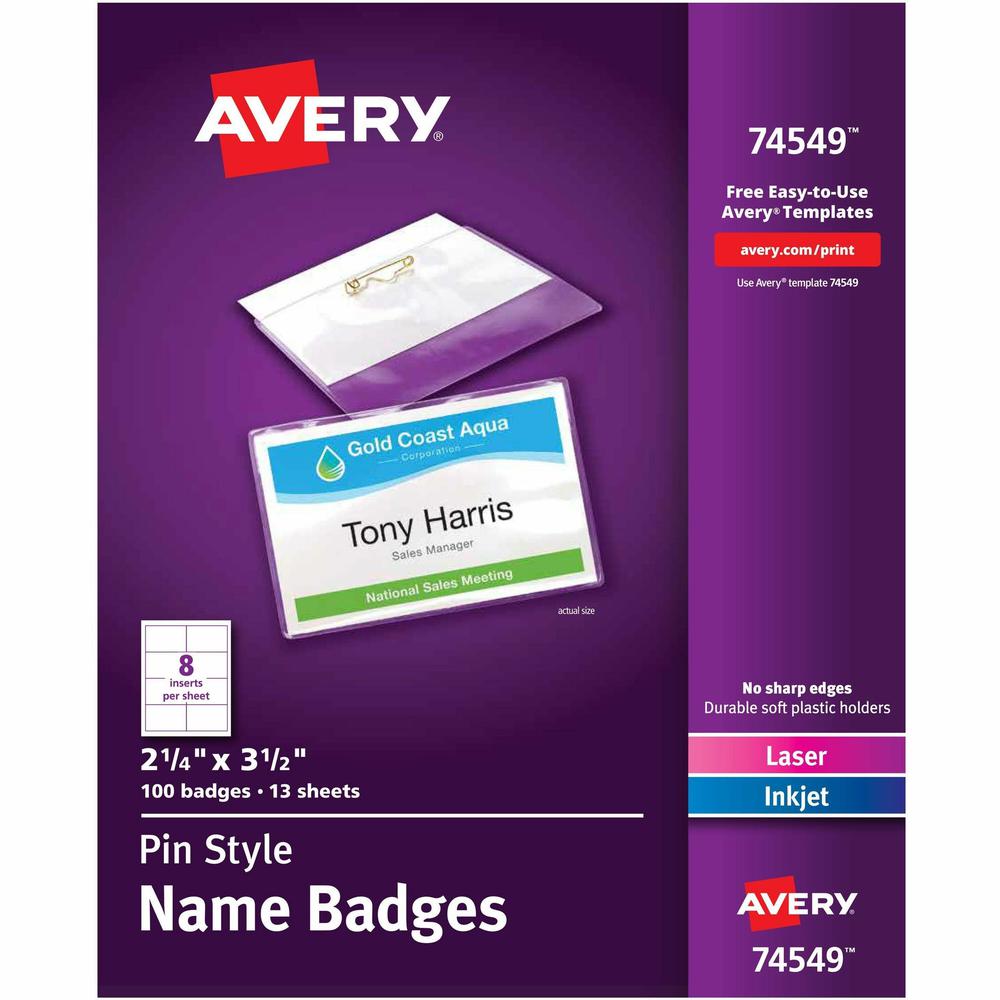 Avery&reg; Pin-Style Name Badges - 3 1/2" x 2 1/4" - White, Clear - 1 Box. Picture 1