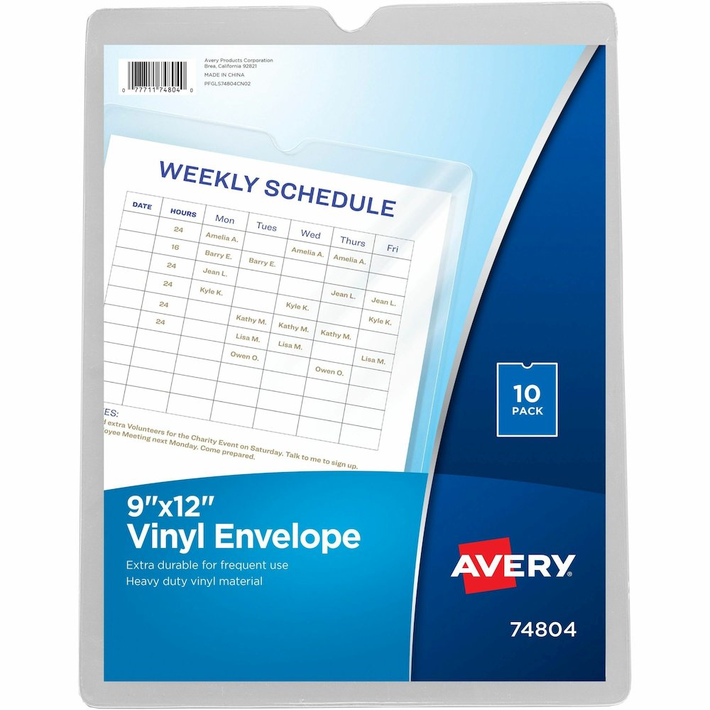 Avery&reg; Vinyl File Pocket - 9" x 12" - 60 Sheets Capacity - 1 Pocket - Vinyl - Clear - Heavyweight, Heavy Duty, Wear Resistant, Tear Resistant, Sturdy, Foldable - 10 / Pack. Picture 1
