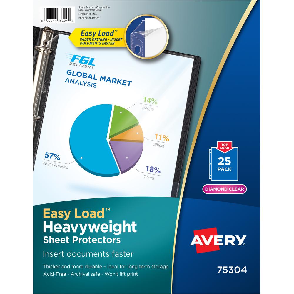 Avery&reg; Heavyweight Sheet Protectors -Acid-free - Sheet Capacity - For Letter 8 1/2" x 11" Sheet - Ring Binder - Top Loading - Diamond Clear - Polypropylene - 25 / Pack. Picture 1