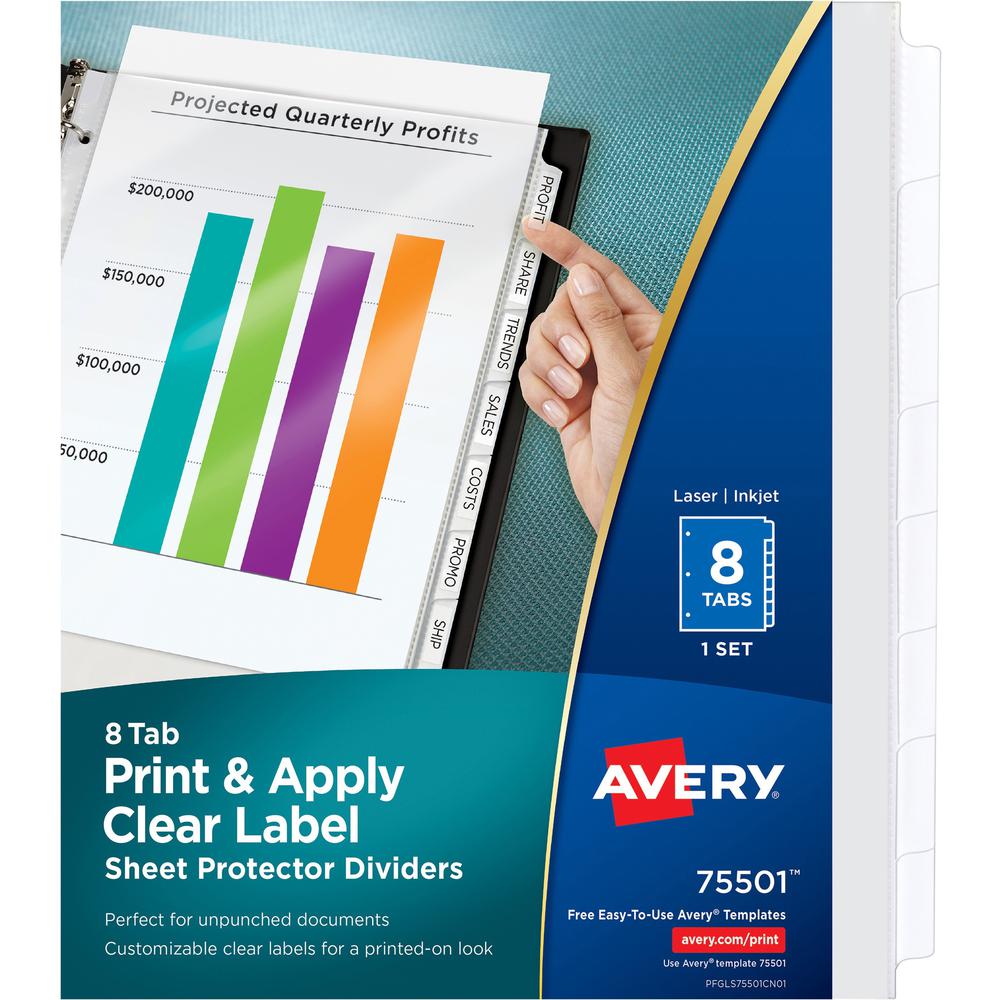 Avery&reg; Print & Apply Sheet Protector Dividers - 8 x Divider(s) - 8 - 8 Tab(s)/Set - 8.5" Divider Width x 11" Divider Length - 3 Hole Punched - Clear Plastic Divider - Clear Plastic Tab(s) - 1. Picture 1