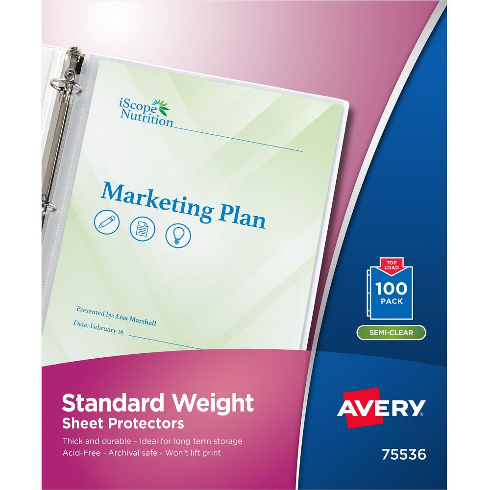 Avery&reg; Standard Weight Sheet Protectors - Sheet Capacity - For Letter 8 1/2" x 11" Sheet - Ring Binder - Top Loading - Clear - Polypropylene - 100 / Box. Picture 1