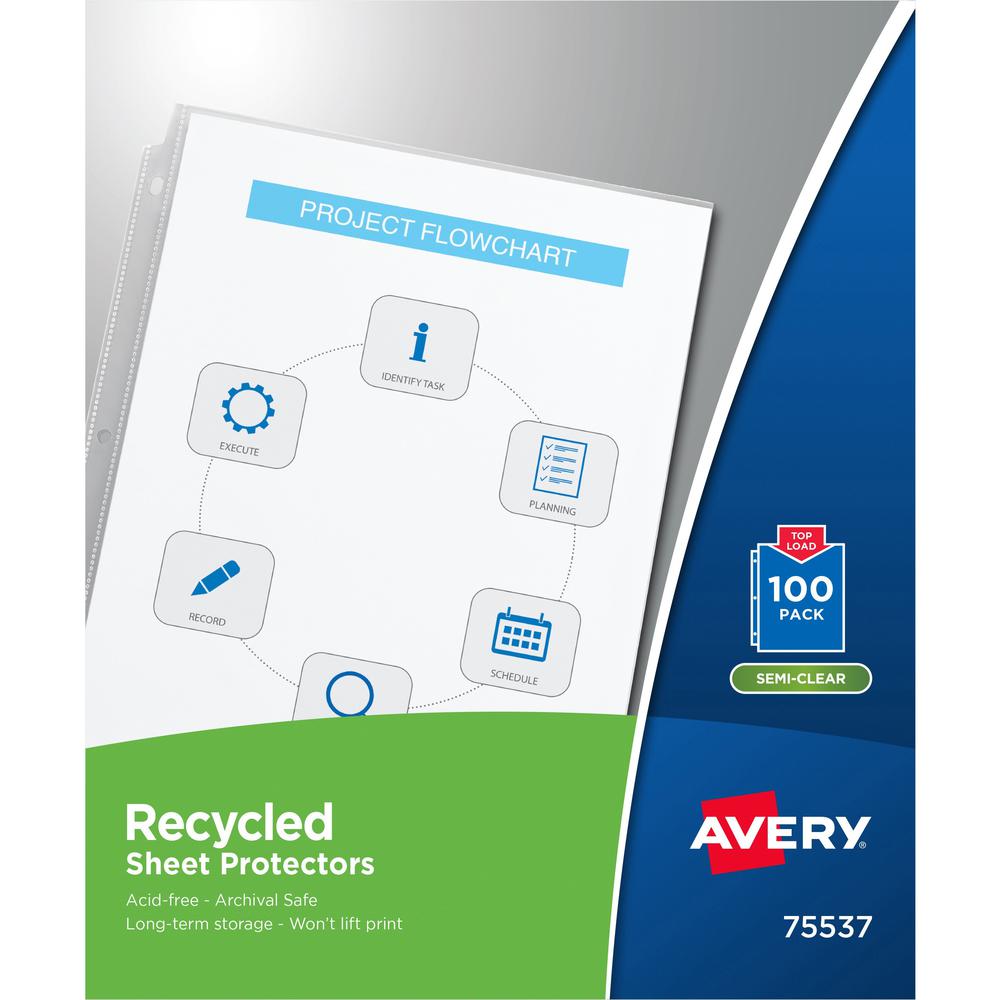 Avery&reg; Economy Recycled Sheet Protectors - Acid-free, Archival-Safe, Top-Loading - For Letter 8 1/2" x 11" Sheet - 3 x Holes - Ring Binder - Top Loading - Semi Clear - Polypropylene - 100 / Box. Picture 1