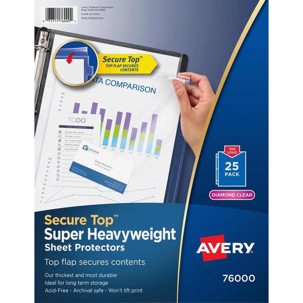 Avery&reg; Secure Top Sheet Protectors - For Letter 8 1/2" x 11" Sheet - 3 x Holes - Ring Binder - Top Loading - Clear - Polypropylene - 1 Pack. Picture 1