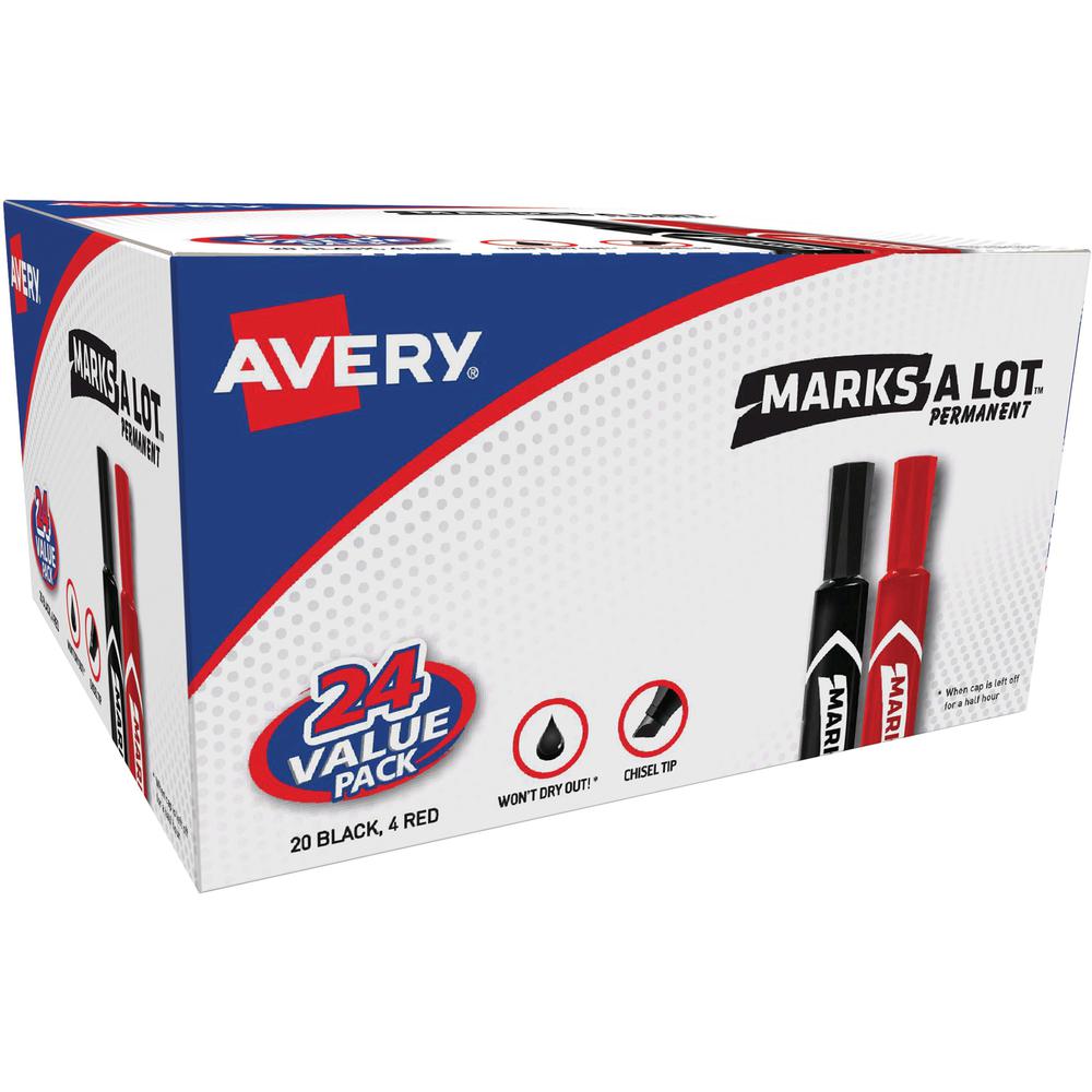 Avery&reg; Permanent Markers - 4.7625 mm Marker Point Size - Chisel Marker Point Style - Red, Black - 24 / Box. Picture 1