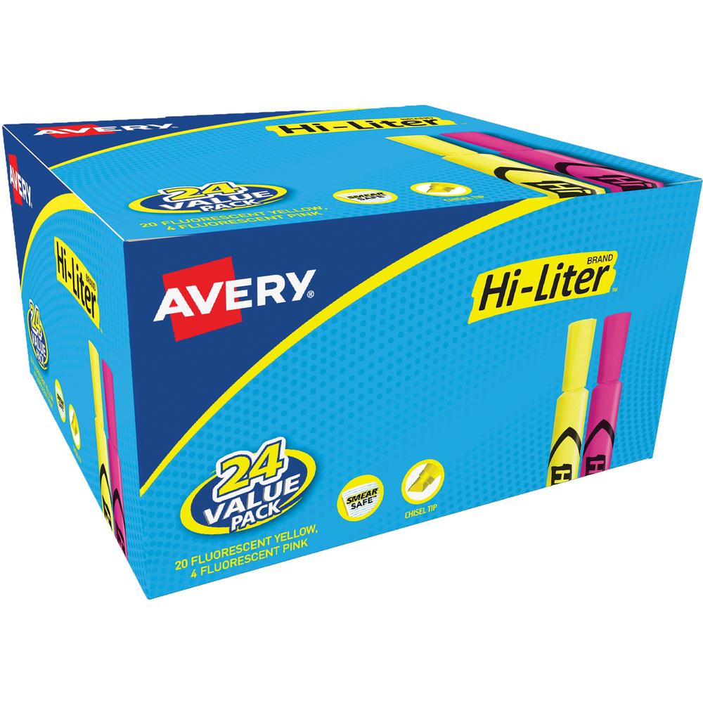 Avery&reg; Hi-Liter Desk-Style Highlighters - Chisel Marker Point Style - Fluorescent Yellow, Fluorescent Pink Water Based Ink - 24 / Box. Picture 1