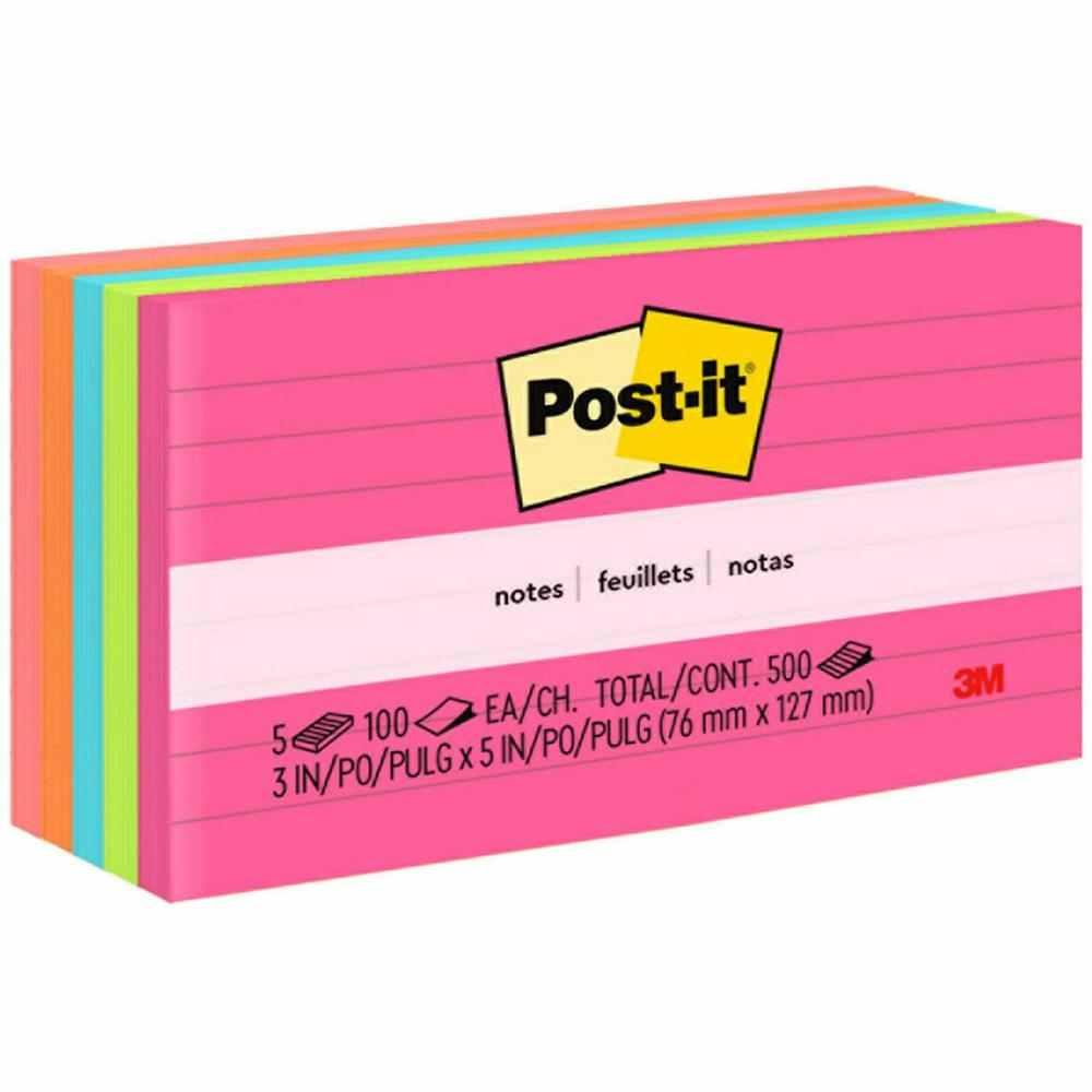 Post-it&reg; Notes Original Lined Notepads - Poptimistic Color Collection - 500 - 3" x 5" - Rectangle - 100 Sheets per Pad - Ruled - Power Pink, Acid Lime, Aqua Splash, Vital Orange, Guava - Paper - S. Picture 1