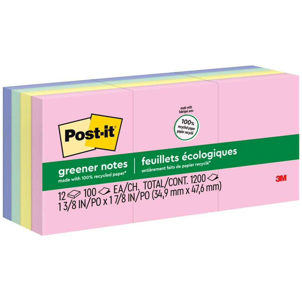 Post-it&reg; Greener Notes- Sweet Sprinkles Color Collection, 1 3/8 x 1 7/8 in - 1200 - 1 3/8" Flag/Note Width x 1 7/8" Flag/Note Length - Rectangle - 100 Sheets per Pad - Unruled - Positively Pink, C. Picture 1
