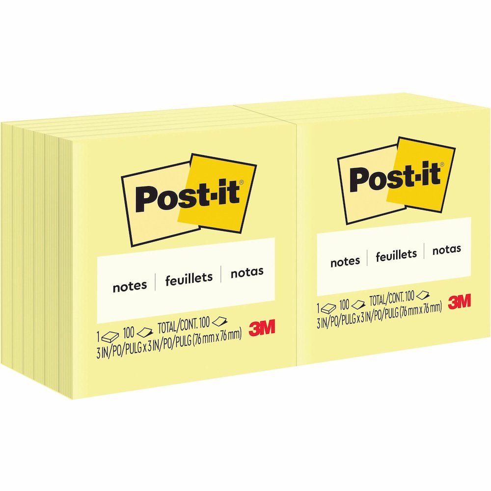 Post-it&reg; Notes Original Notepads - 3" Flag/Note Width x 3" Flag/Note Length - Square - 100 Sheets per Pad - Unruled - Canary Yellow - Paper - Self-adhesive, Repositionable - No - 12 / Pack. Picture 1