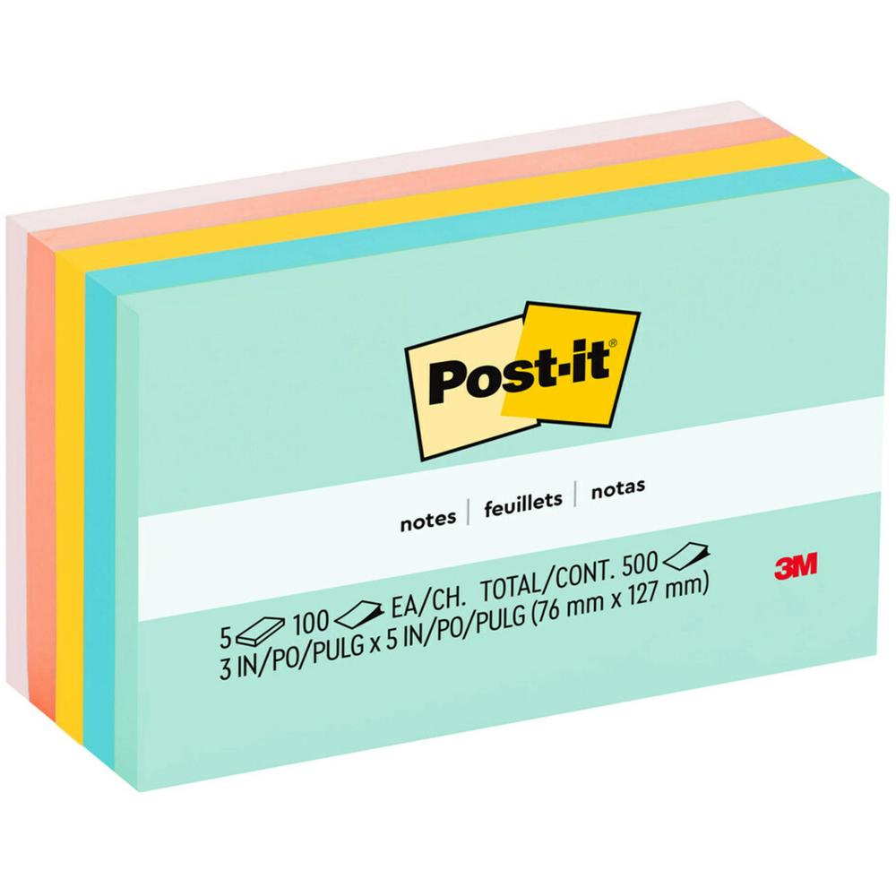 Post-it&reg; Notes - Beachside Caf&eacute; Color Collection - 500 - 3" x 5" - Rectangle - 100 Sheets per Pad - Unruled - Fresh Mint, Aqua Splash, Pink, Papaya Fizz, Pink Salt - Paper - Self-adhesive, . Picture 1