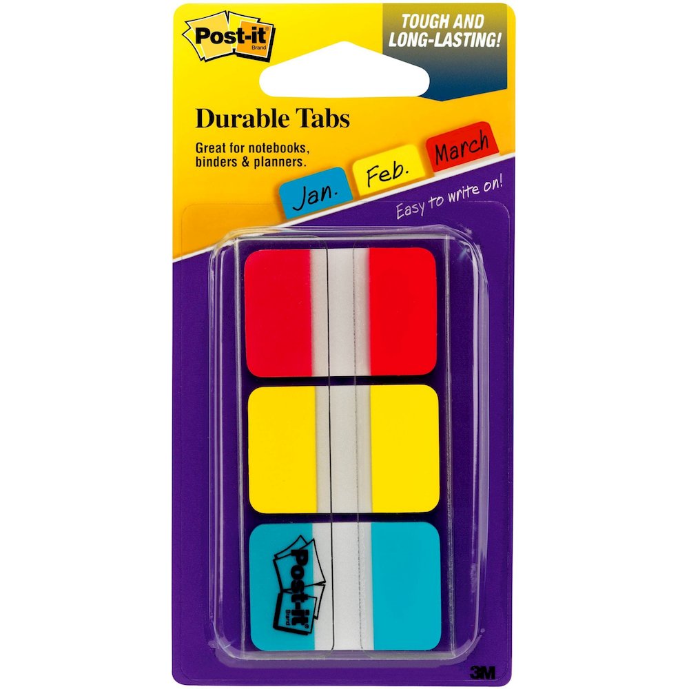 Post-it&reg; Durable Tabs - Write-on Tab(s) - 0.98" Tab Height x 1" Tab Width - Self-adhesive, Removable - Red, Yellow, Blue, Neon Tab(s)No - Wear Resistant, Tear Resistant, Durable, Writable, Reposit. Picture 1