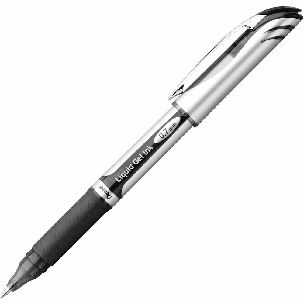 Pentel EnerGel Deluxe Rollerball Pen - Refillable - Black Ink - Gel-based - Silver Barrel - 12 / Box. Picture 1