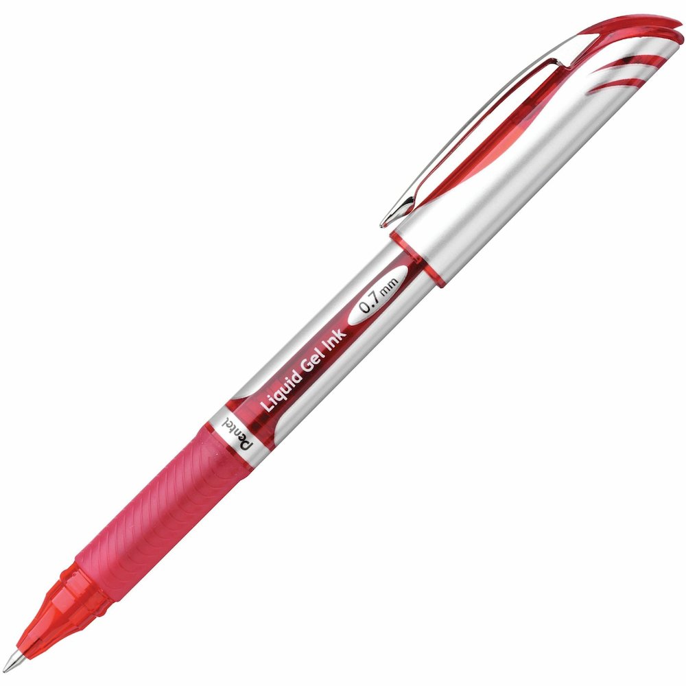 Pentel EnerGel Deluxe Rollerball Pen - Refillable - Red Ink - Gel-based - Silver Barrel - 12 / Box. Picture 1