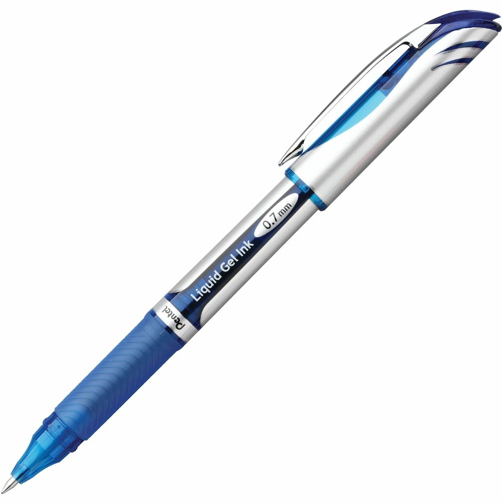 Pentel EnerGel Deluxe Rollerball Pen - Refillable - Blue Ink - Gel-based - Silver Barrel - 12 / Box. Picture 1