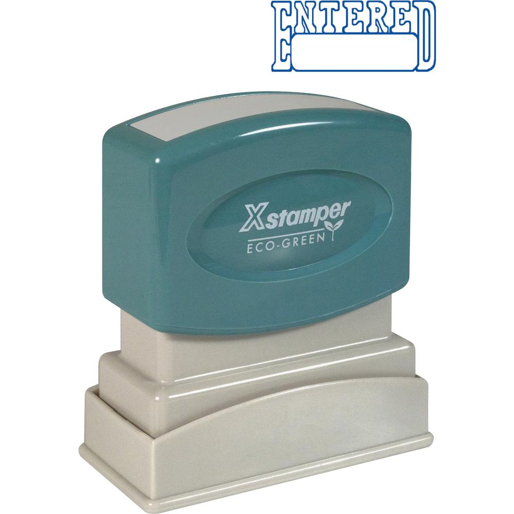 Xstamper ENTERED Open Space Title Stamp - Message Stamp - "ENTERED" - 0.50" Impression Width x 1.62" Impression Length - 100000 Impression(s) - Blue - Recycled - 1 Each. Picture 1