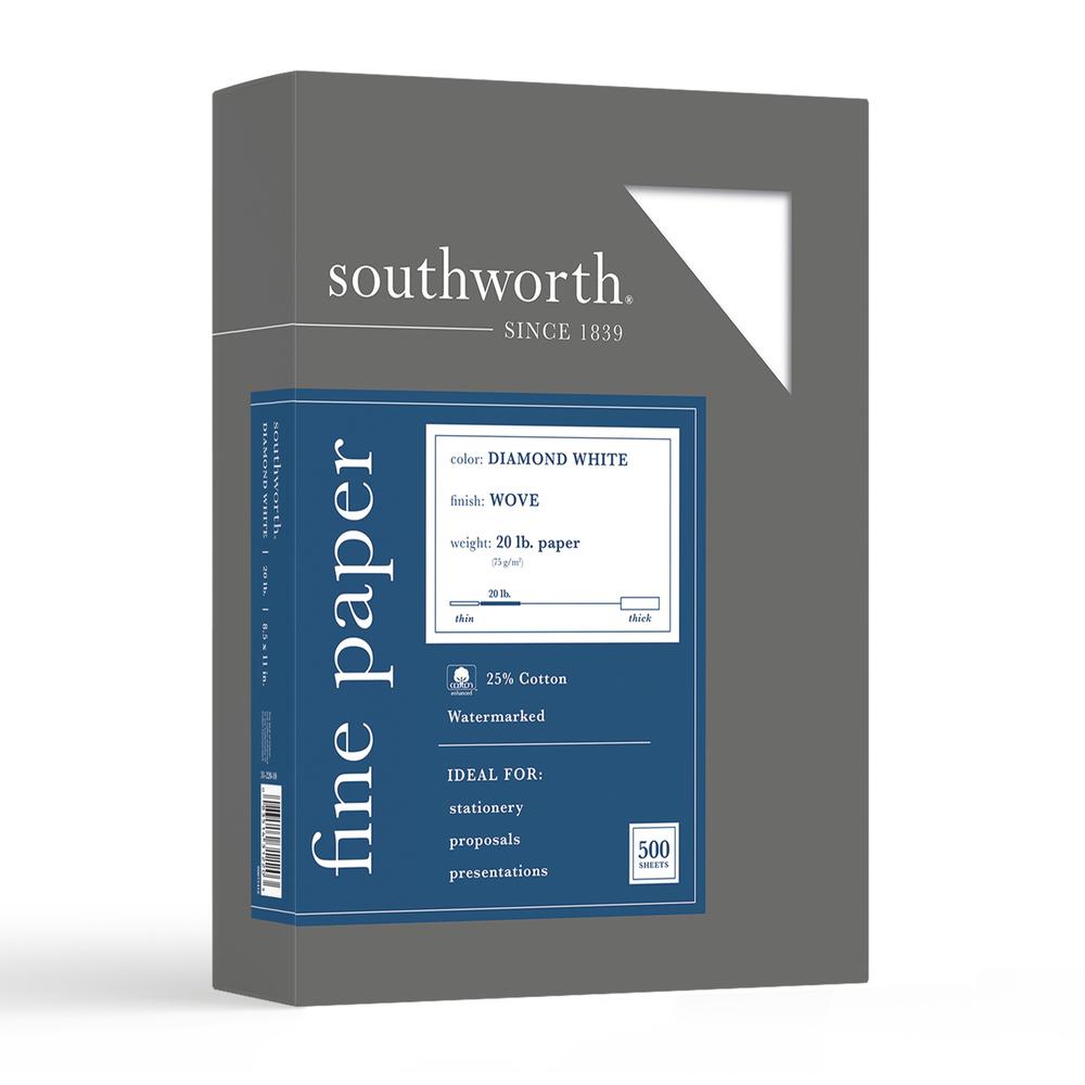 Southworth Diamond White Business Paper - Letter - 8 1/2" x 11" - 20 lb Basis Weight - Wove - 500 / Box - Acid-free, Watermarked - Diamond White. Picture 1
