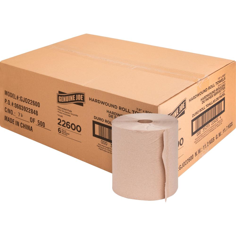 Genuine Joe Embossed Hardwound Roll Towels - 7.90" Width x 800 ft Length - 2" Core - Natural - 6 / Carton. Picture 1