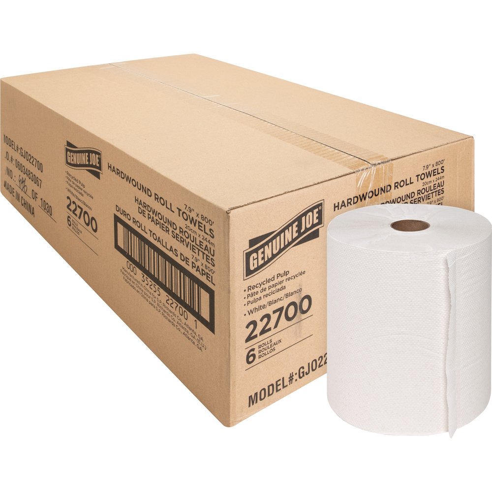 Genuine Joe Hardwound Roll Paper Towels - 7.90" Width x 800 ft Length - 2" Core - White - 6 / Carton. Picture 1