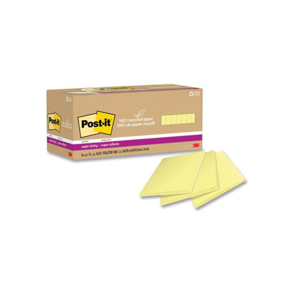 100% Recycled Paper Super Sticky Notes, 3" x 3", Canary Yellow, 70 Sheets/Pad, 24 Pads/Pack. Picture 2