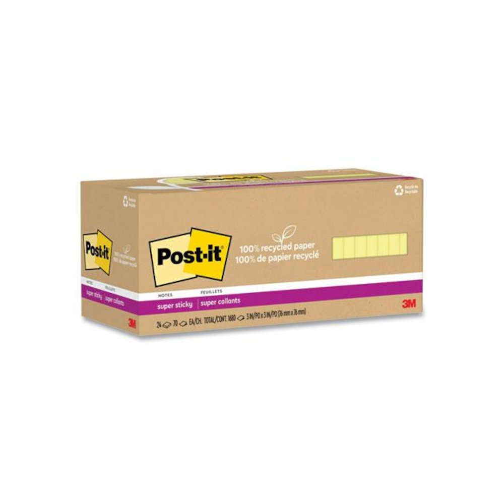 100% Recycled Paper Super Sticky Notes, 3" x 3", Canary Yellow, 70 Sheets/Pad, 24 Pads/Pack. Picture 1