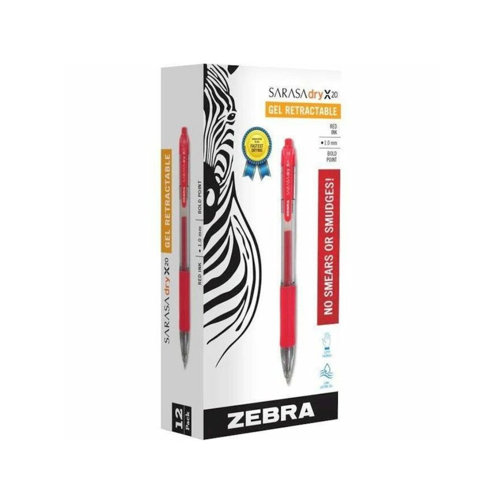 Zebra SARASA dry X20 Retractable Gel Pen - Refillable - Retractable - Red Ink - Pigment-based - Translucent Barrel - 1 Dozen. Picture 1