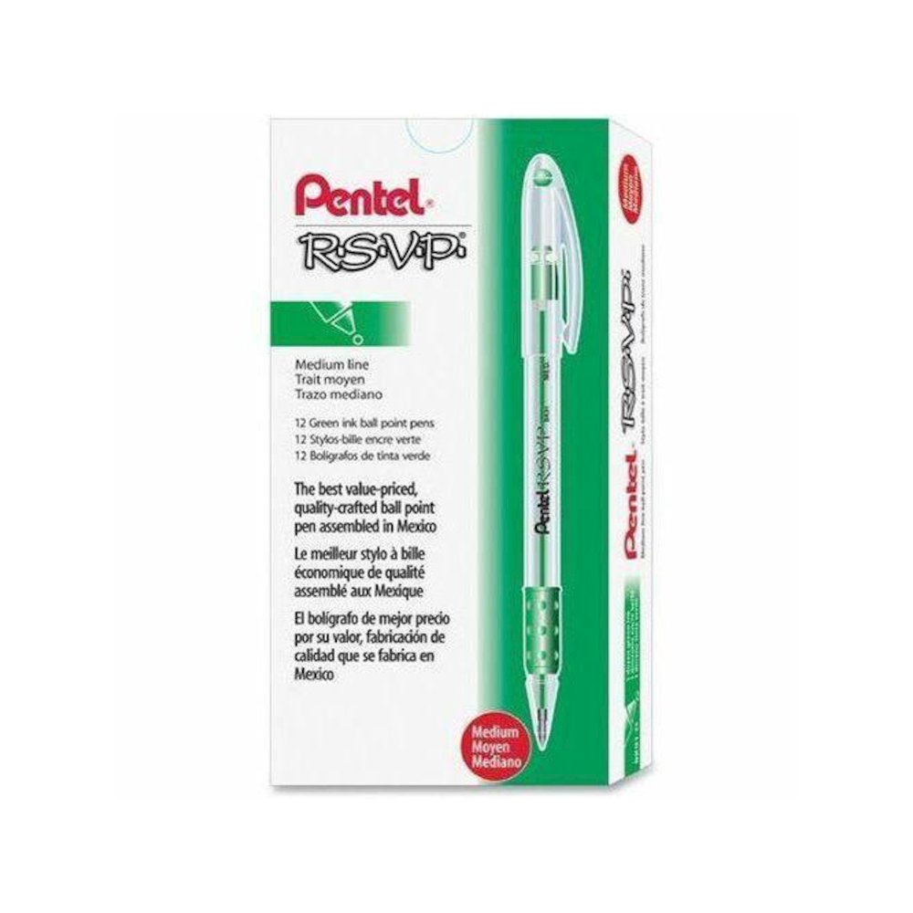 Pentel R.S.V.P. Ballpoint Stick Pens - Medium Pen Point - 1 mm Pen Point Size - Refillable - Green - Clear Barrel - 1 Dozen. Picture 1