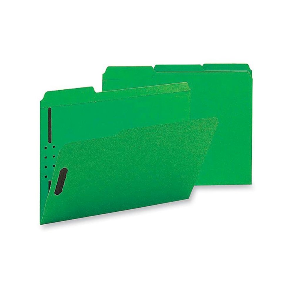 Business Source 1/3 Tab Cut Letter Recycled Fastener Folder - 8 1/2" x 11" - 3/4" Expansion - 2 Fastener(s) - 2" Fastener Capacity - Top Tab Location - Assorted Position Tab Position - Green - 10% Rec. Picture 1