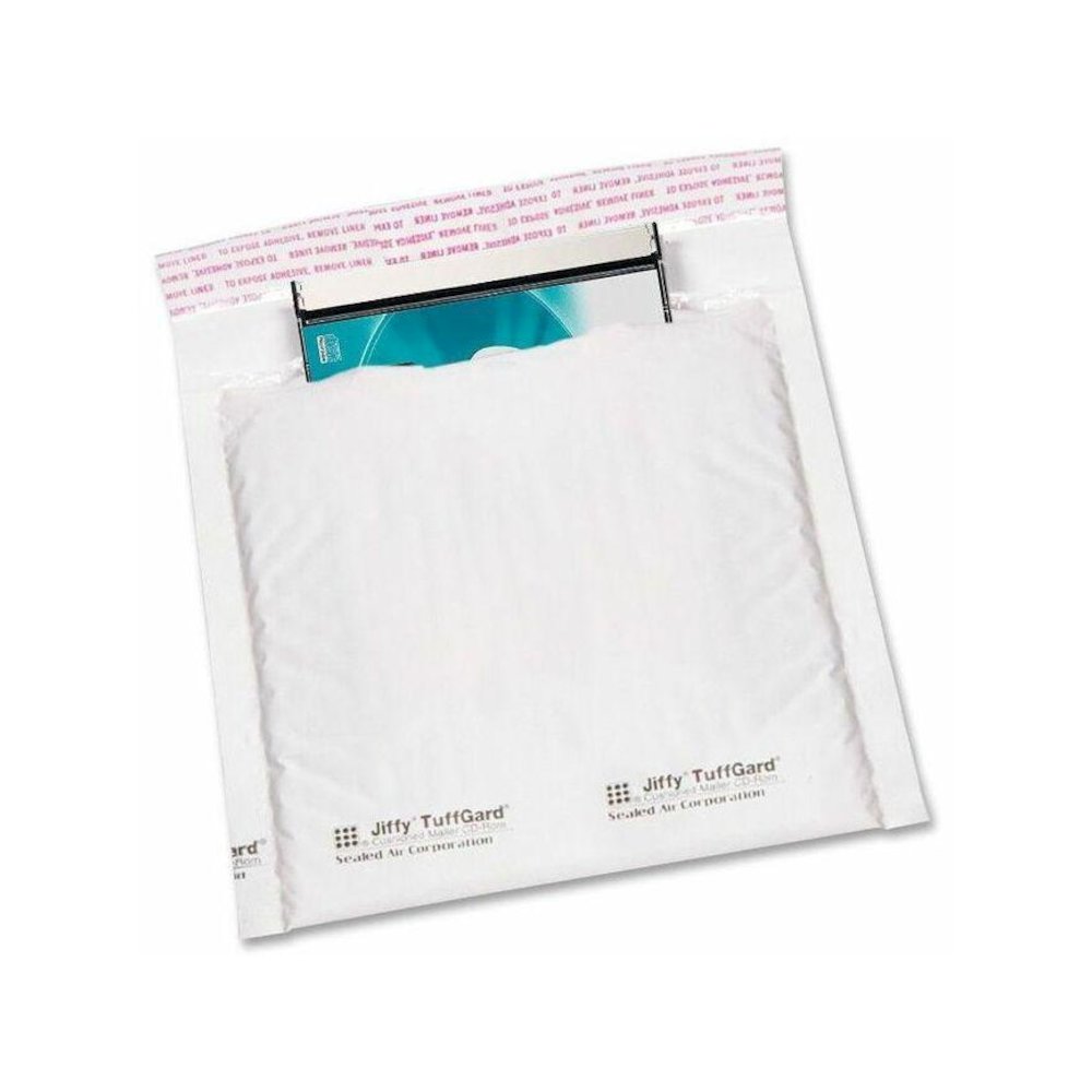Sealed Air Jiffy Tuffgard CD/DVD Mailers - Bubble - 7 1/4" Width x 8" Length - Peel & Seal - Poly - 25 / Carton - White. Picture 1