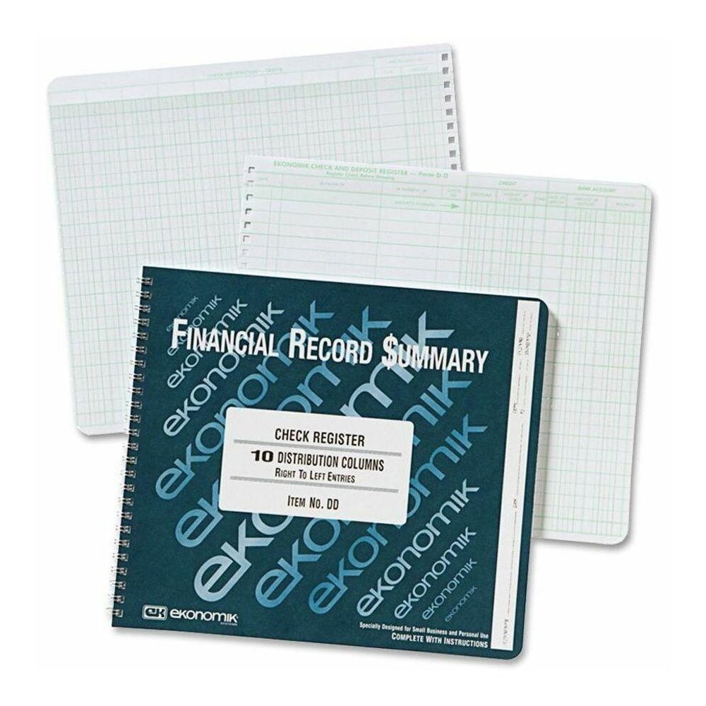 Ekonomik Check Register Forms - 40 Sheet(s) - Wire Bound - 10" x 8.75" Sheet Size - 10 Columns per Sheet - White Sheet(s) - Green Print Color - Recycled - 1 Each. Picture 1