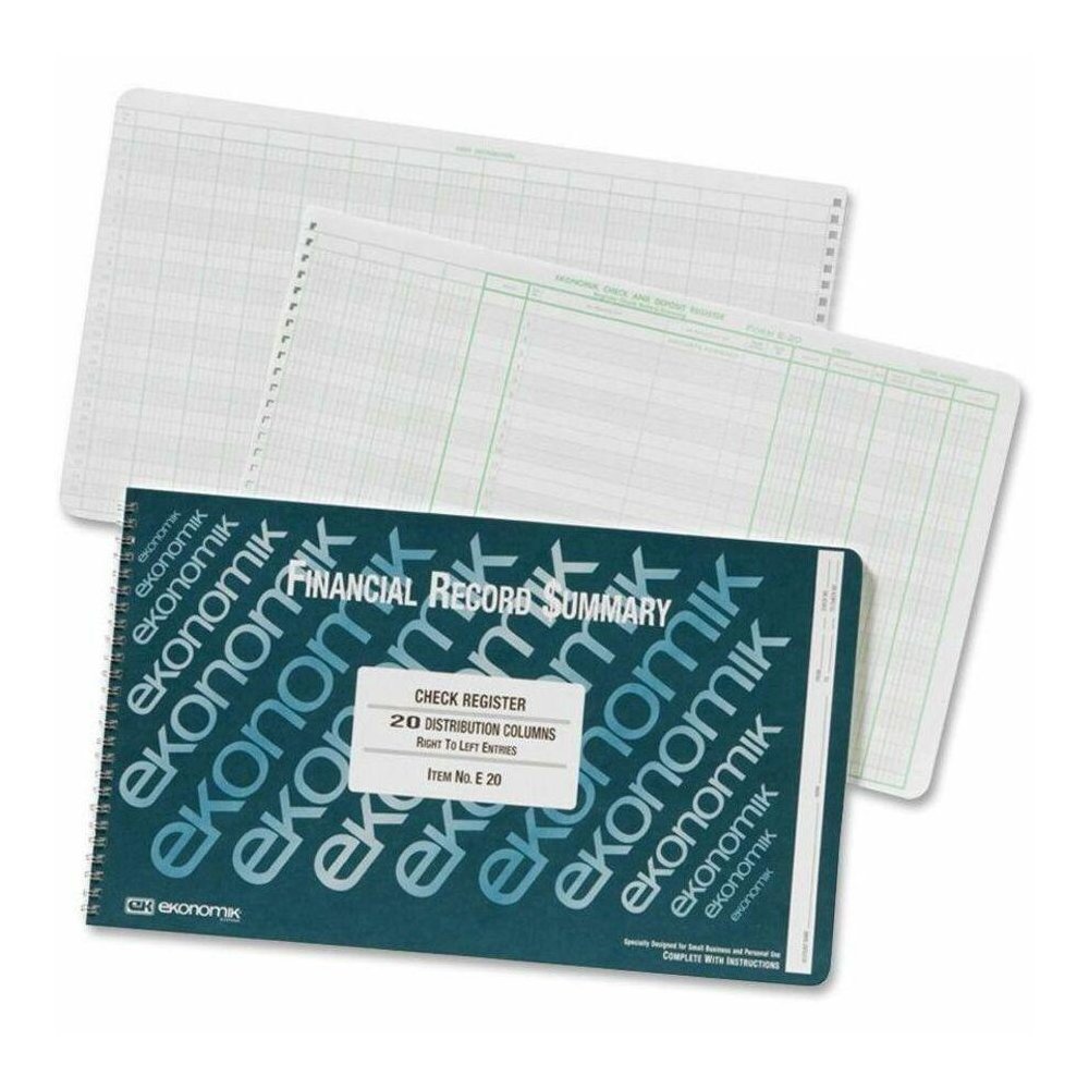 Ekonomik Financial Record Summary Check Register - 40 Sheet(s) - Wire Bound - 14.75" x 8.75" Sheet Size - 20 Columns per Sheet - White Sheet(s) - Green Print Color - Recycled - 1 Each. Picture 1